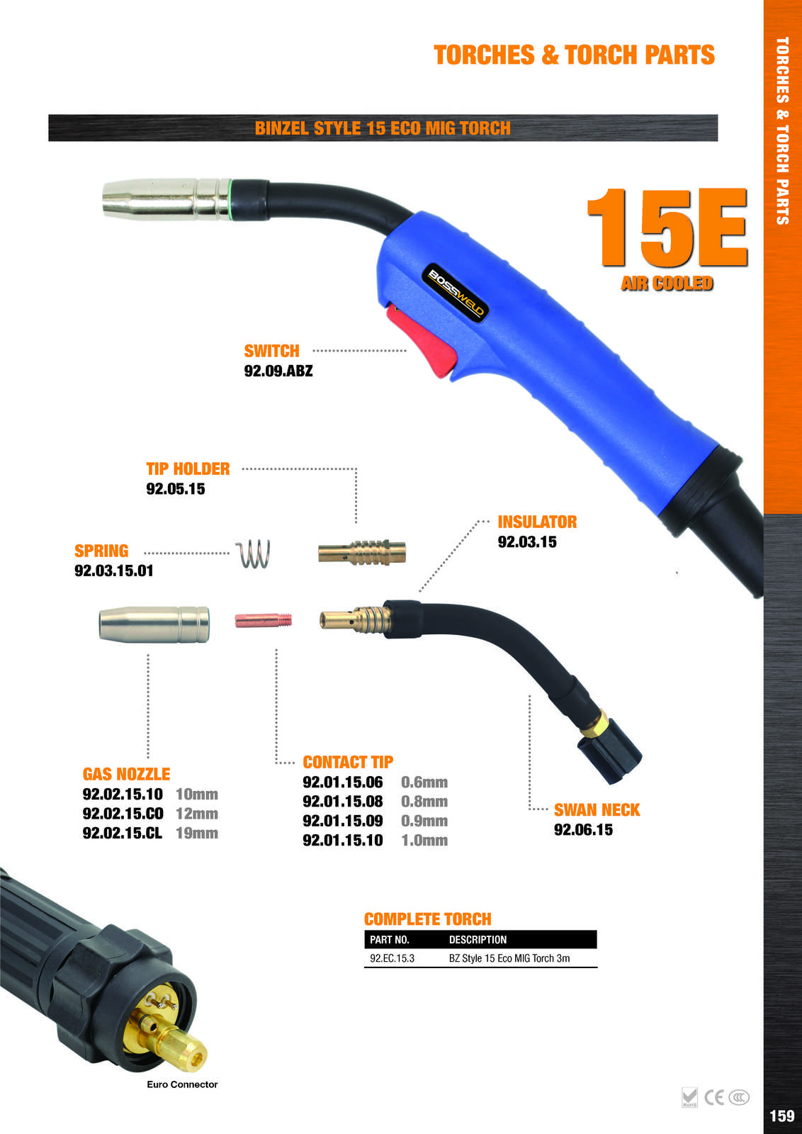 MIG Torch BZ15 3m Binzel Style BOSSWELD MIG Gun BZ15 3m Binzel Style
