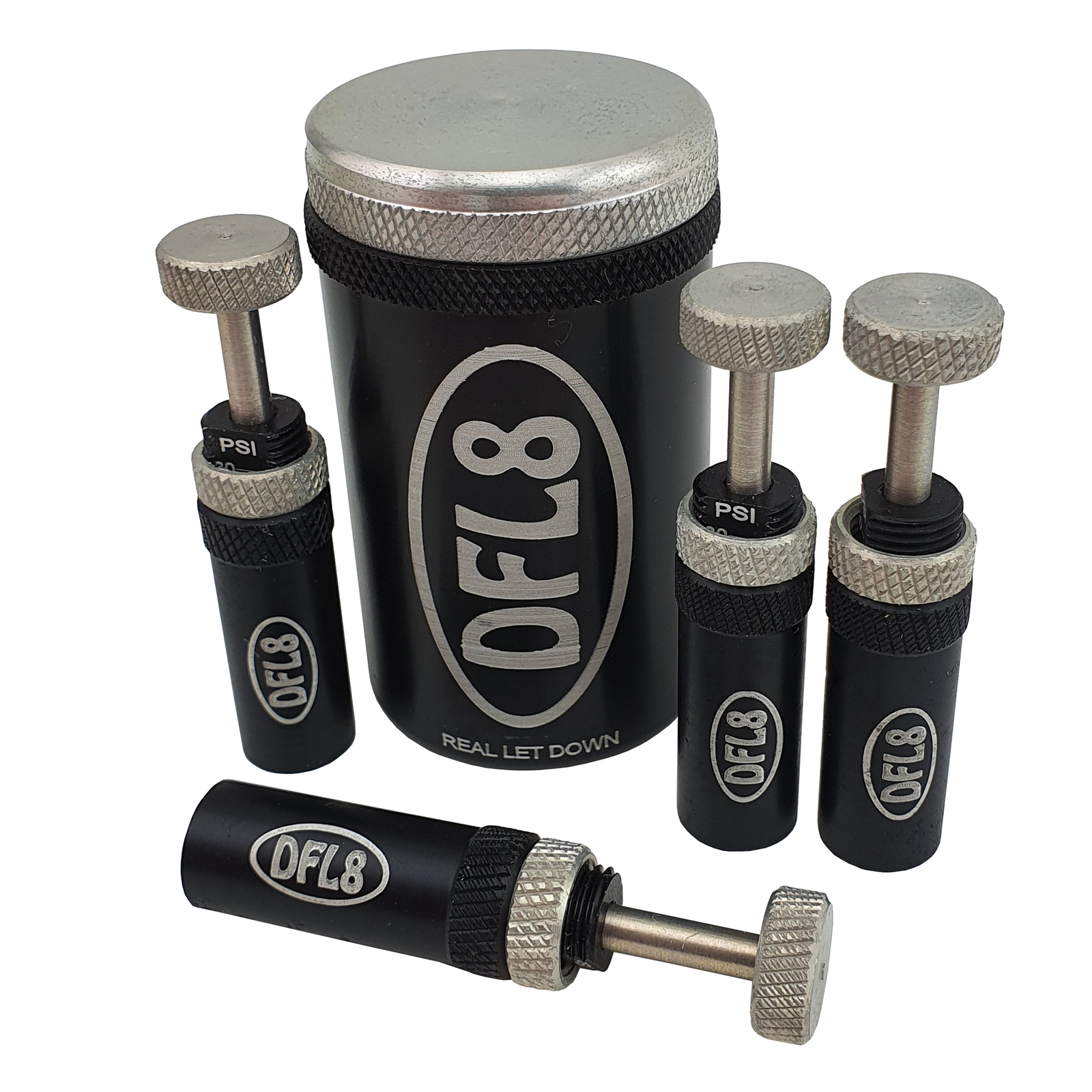 DFL8 Automatic Tyre Deflators Set & 535PSI 4 Pack Black