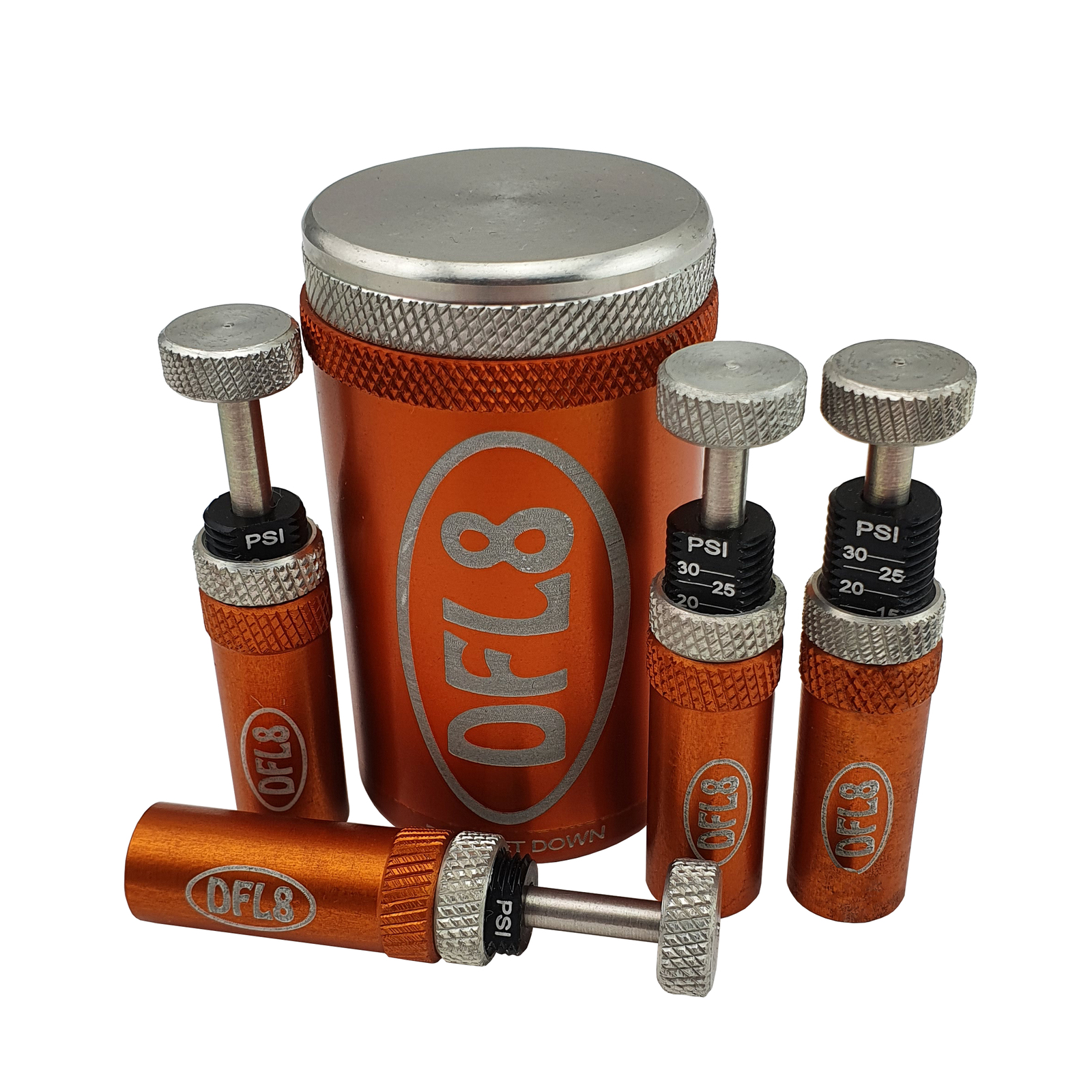 DFL8 Automatic Tyre Deflators Set & 535PSI 4 Pack Orange