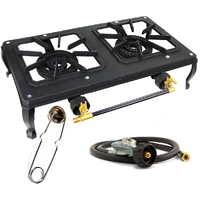 Cast Iron Dual Burner Gas Stove LPG Cooker BBQ with Hose & Regulator