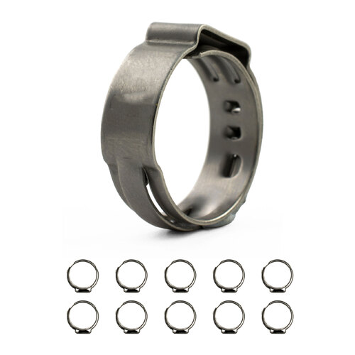 Oetiker style Stainless Single Ear Clamps - Stepless - 15.3 - 18.5mm - 10 Pack 