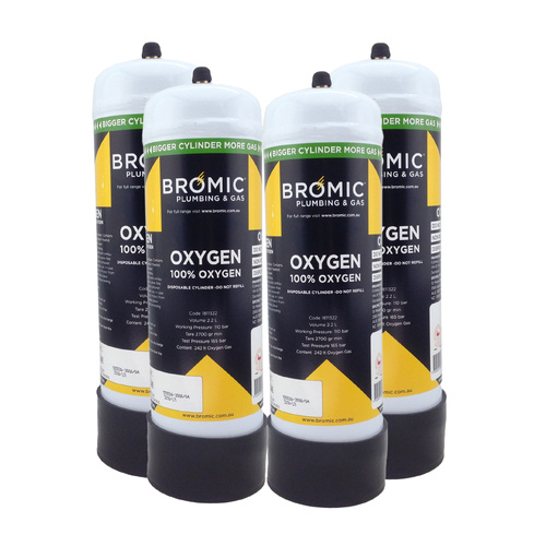 4 x Bromic 2.2 litre Disposable Oxygen Gas Bottle - 12mm Thread