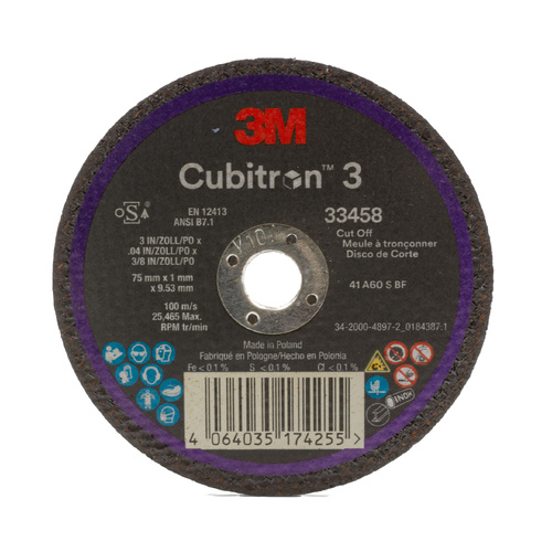 3M Cubitron 3 Cut-off Wheel 33458 75mm x 1.0mm x 9.53mm - 30 Each