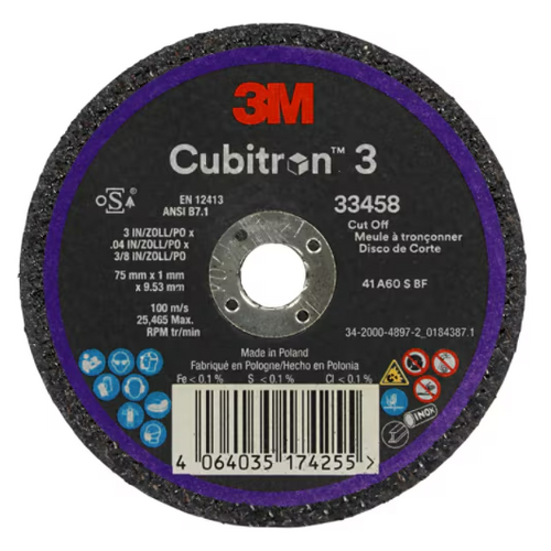 3M Cubitron 3 Cut-off Wheel 33458 75mm x 1.0mm x 9.53mm - 30 Each