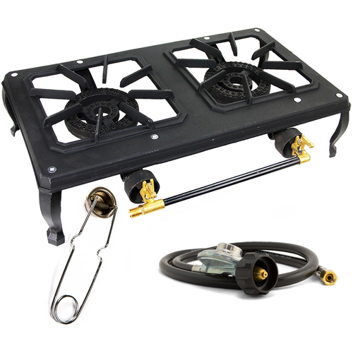 Cast Iron Dual Burner Gas Stove LPG Cooker BBQ with Hose & Regulator