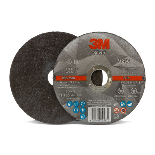3M Silver 5" 125mm X 1.6mm 71256 Cutting Disc - Inox Steel Cut-Off Wheel - 100 Each